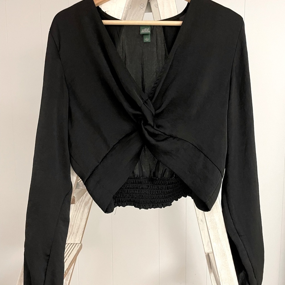 Wild fable satin long sleeve low cut twist crop top.